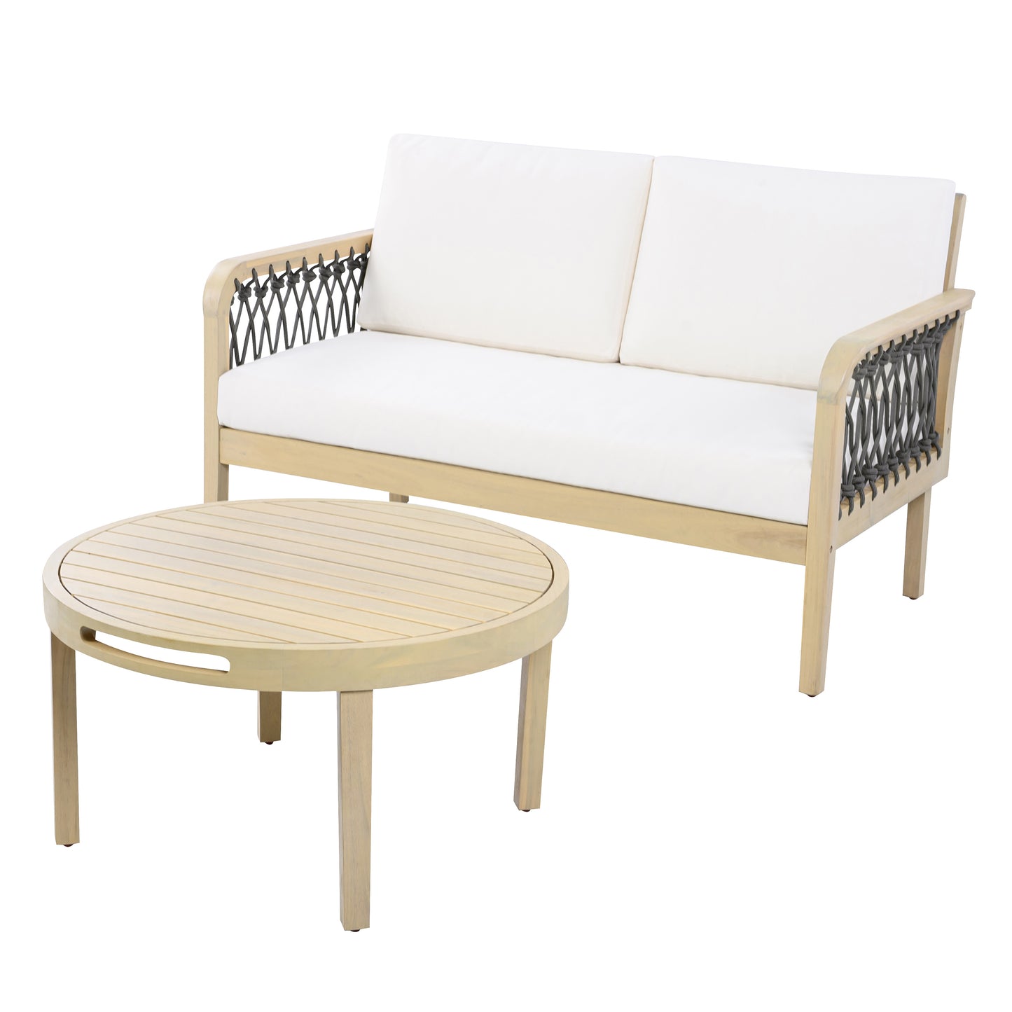4-Piece Acacia Wood Outdoor Patio Furniture Set, All-Weather Conversation Sofa Set with Rope Woven Armrests, Removable Cushions for Backyard Garden,Light teak+Dark grey rope+Cream cushion image 12