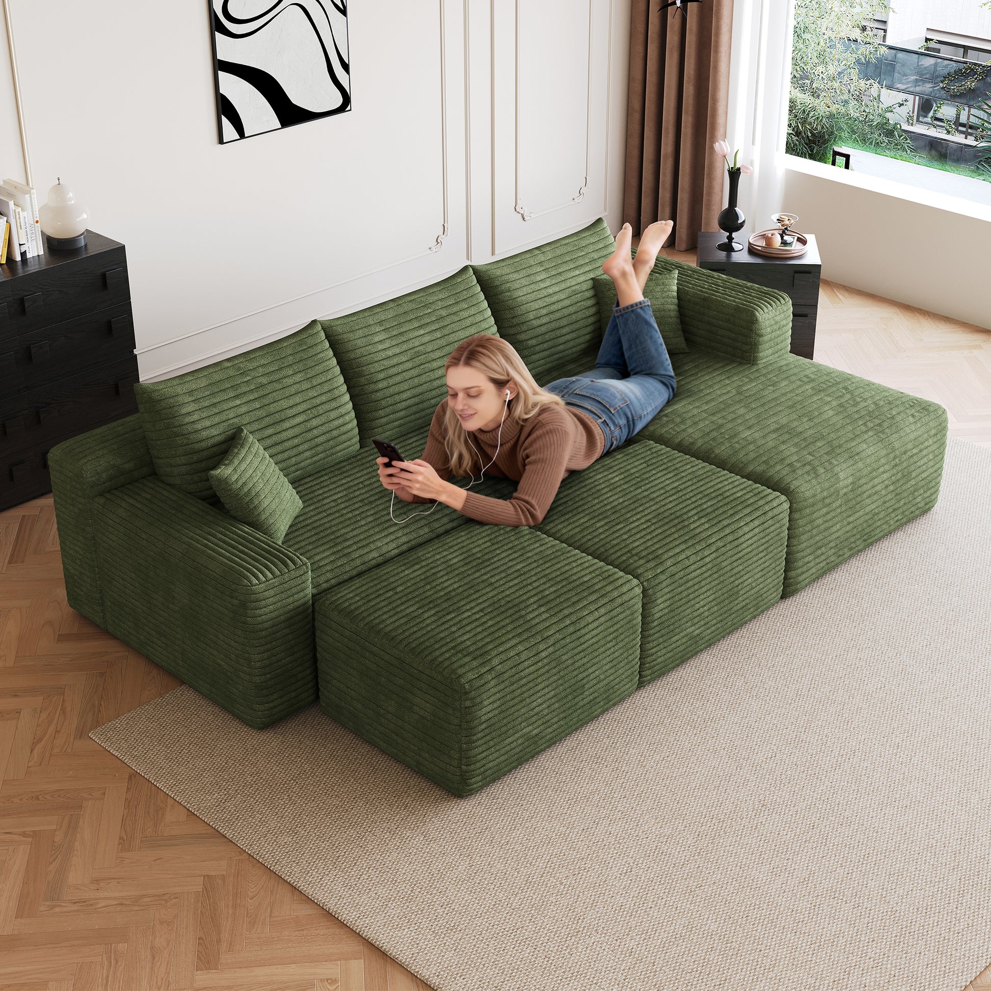 95" Cloud Sectional Sofa with 2 Ottoman,Modern Minimalist Upholstered Couches, Comfort U Shaped Sofa for Living Room,Deep Seat Corner Couch,No Assembly Required,Green(Plush Corduroy Fabric) image 1