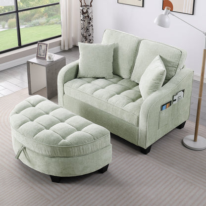 Two-seater sofa, double sofa chaise longue, with irregular armrests and backrests, footrest with storage space, comes with two small throw pillows, suitable for living room and bedroom - Cyan image 3