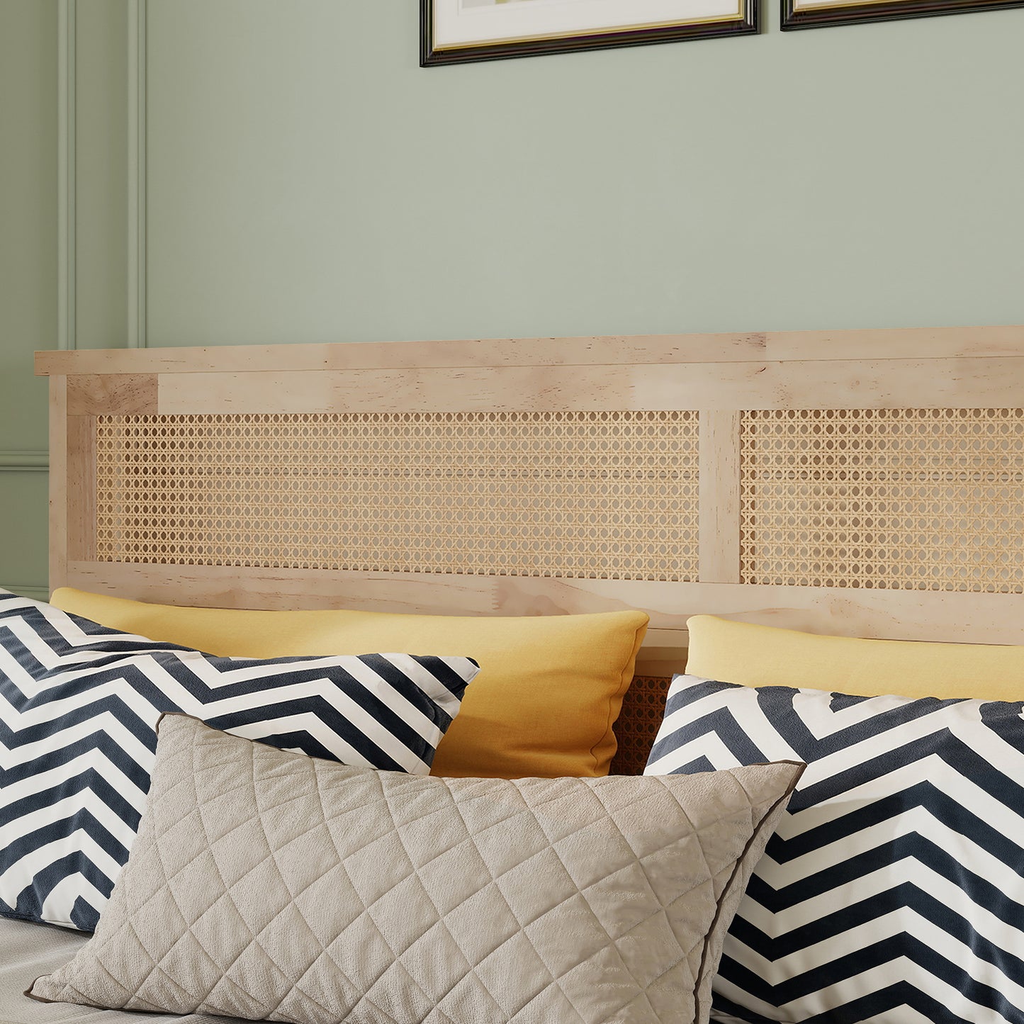 King Size Solid Wood Bed with Rattan Headboard, Rubber Wood Bed with Central Support Beams and Enhanced Feet,Natural image 10