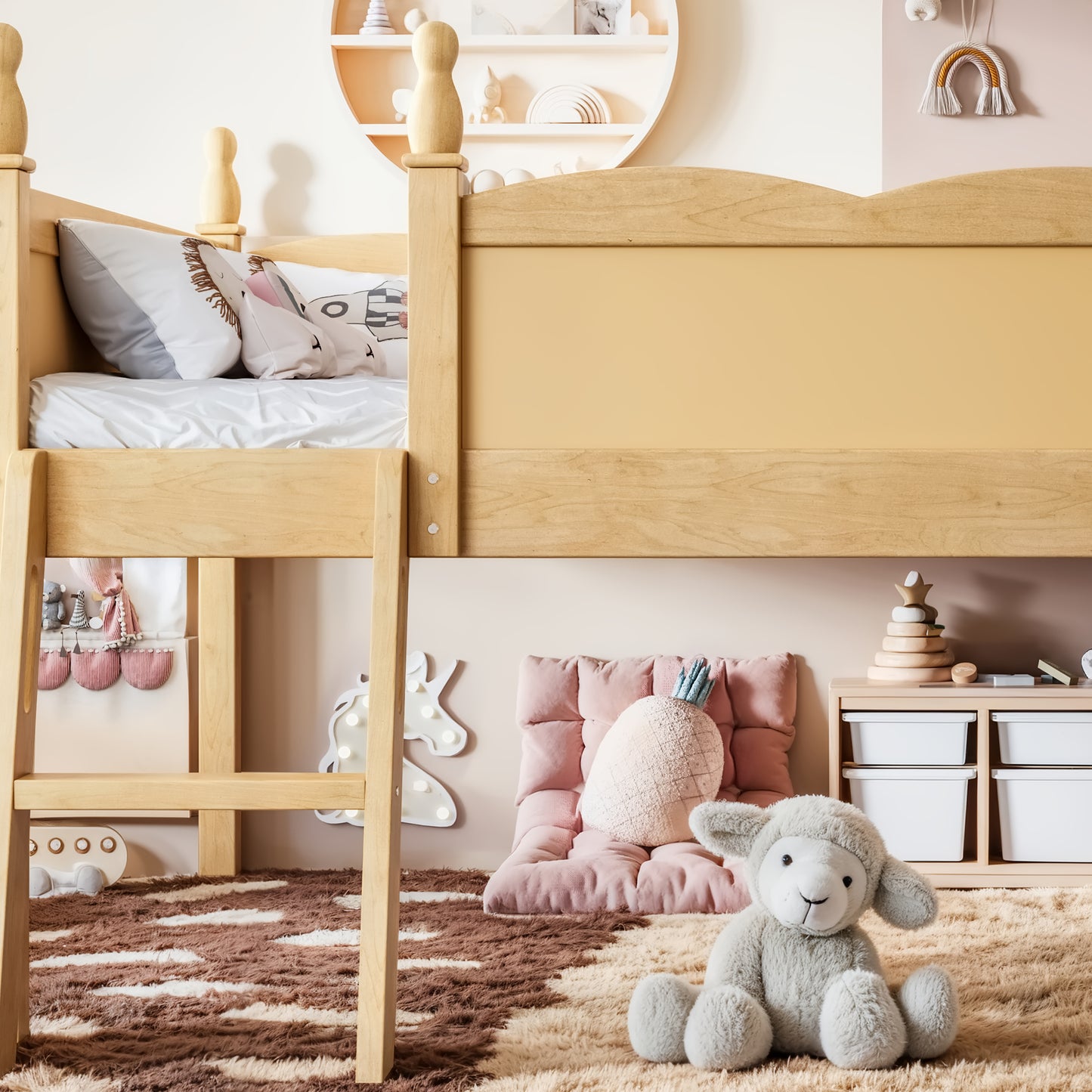 Full Size Loft Bed with Full-Length Guardrails, Solid Wood Low Loft Bed with Ladders and Beside Book Shelf, Chic Shape and Low Profile Design, Natural image 5