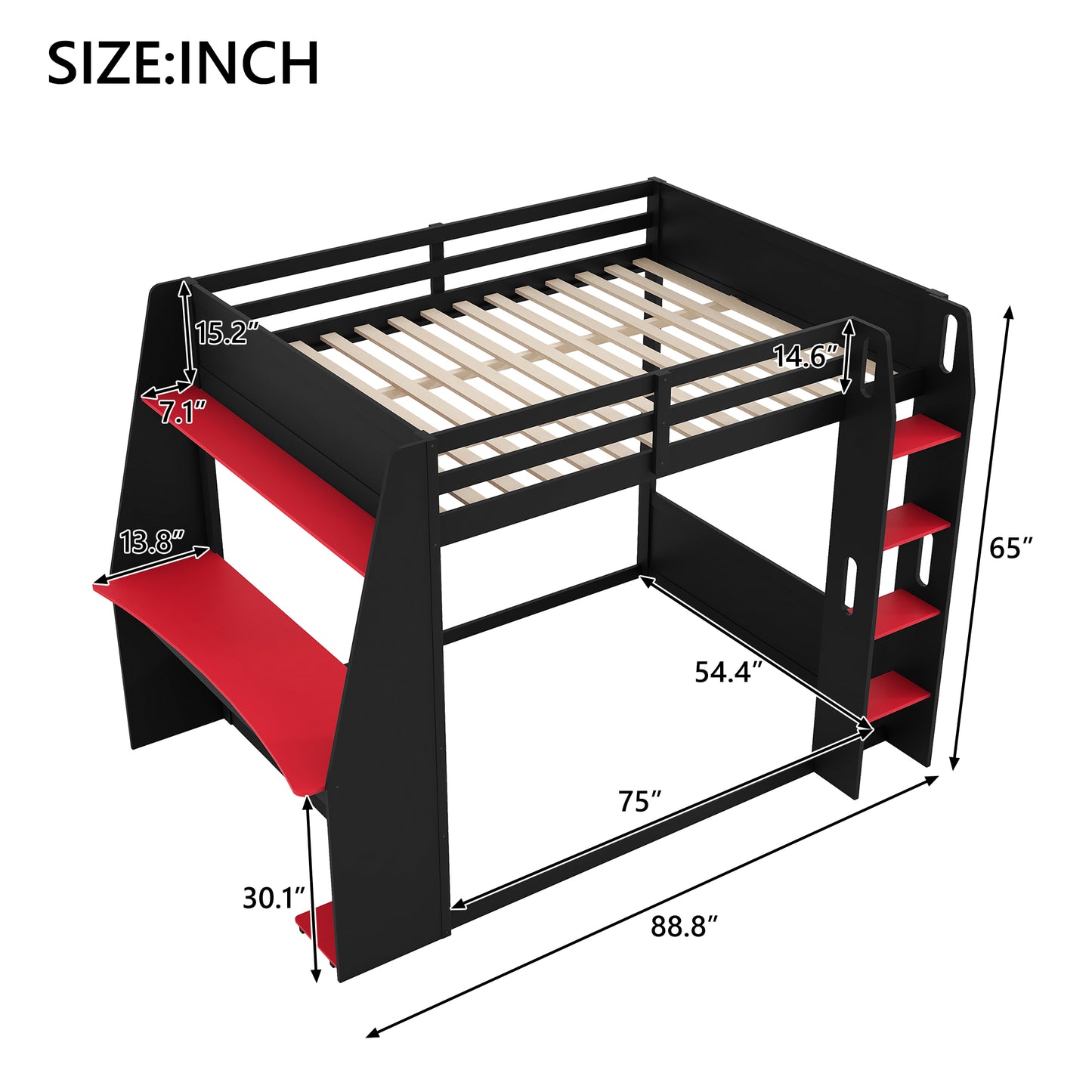 Full Size Wooden Gaming Bunk Bed with Desk,Two Storage Shelves,USB and LED Light image 10