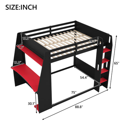 Full Size Wooden Gaming Bunk Bed with Desk,Two Storage Shelves,USB and LED Light image 10