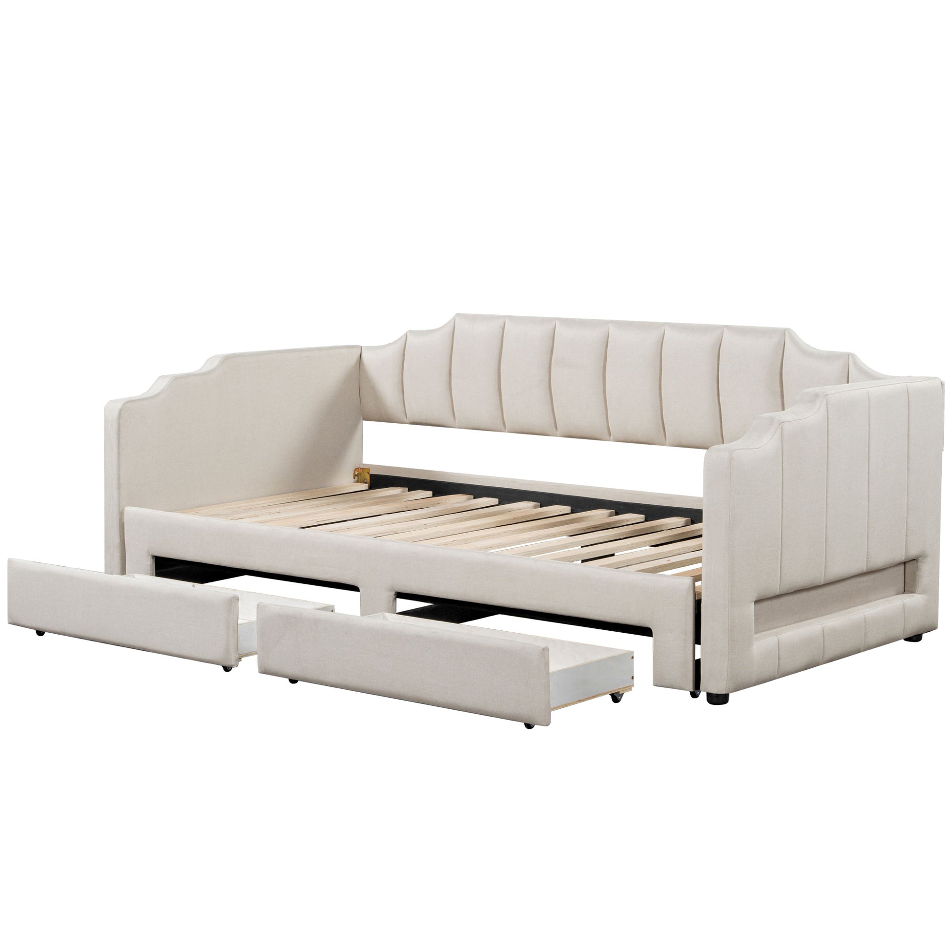 Twin XL Size Extendable Upholstered Daybed with Two Storage Drawers and LED Light,Twin XL to King Daybed,Beige image 11