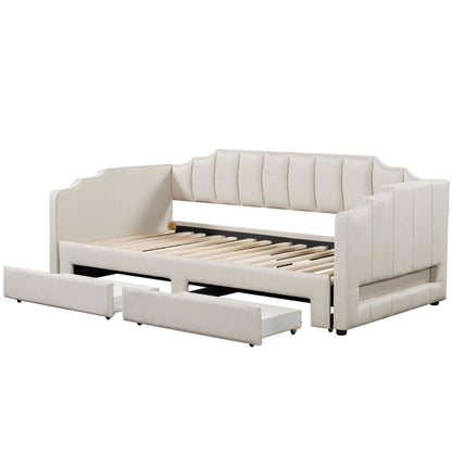 Twin XL Size Extendable Upholstered Daybed with Two Storage Drawers and LED Light,Twin XL to King Daybed,Beige image 11