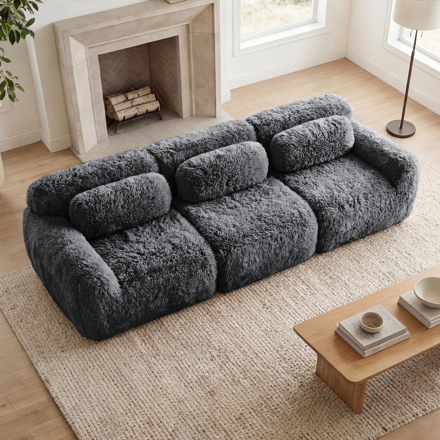 114''Soft And Fluffy Plush Fabric,Modular Sectional Sofa Couches,Ergonomic Design With Throw Pillows,Full-compression Vacuum Packaging Buckle Connection For Study,Home Theater,Dark Grey image 2