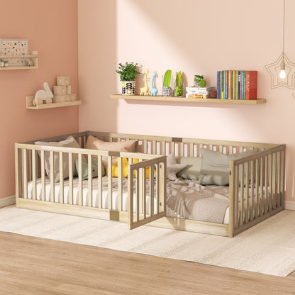 Twin Size Floor Bed with High Fence Railings, with Door, Rubber Wood Floor Bed with Safety Guardrails,Natural image 2