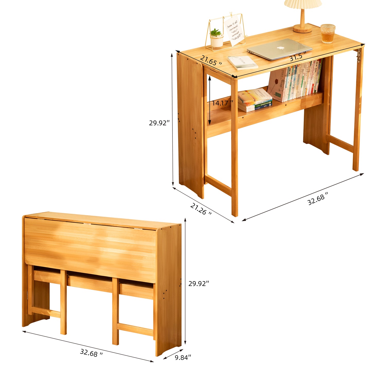 Bamboo Folding Desk, Space-Saving Computer Desk for Small Spaces, Foldable Study Table for Bedroom, Home Office, Dorm, Apartment, Natural Color image 2