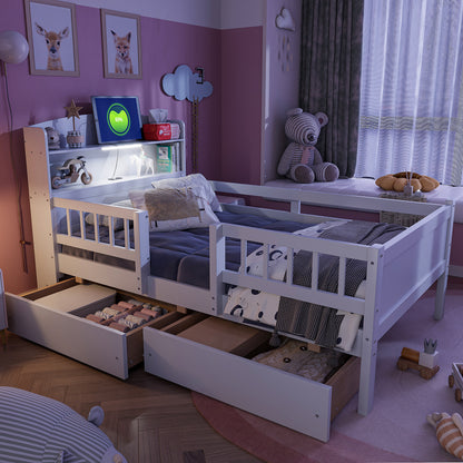 Wood Twin Size Platform Bed with Built-in LED Light, Multi-functional Headboard, Guardrail and 2 Drawers, White image 1