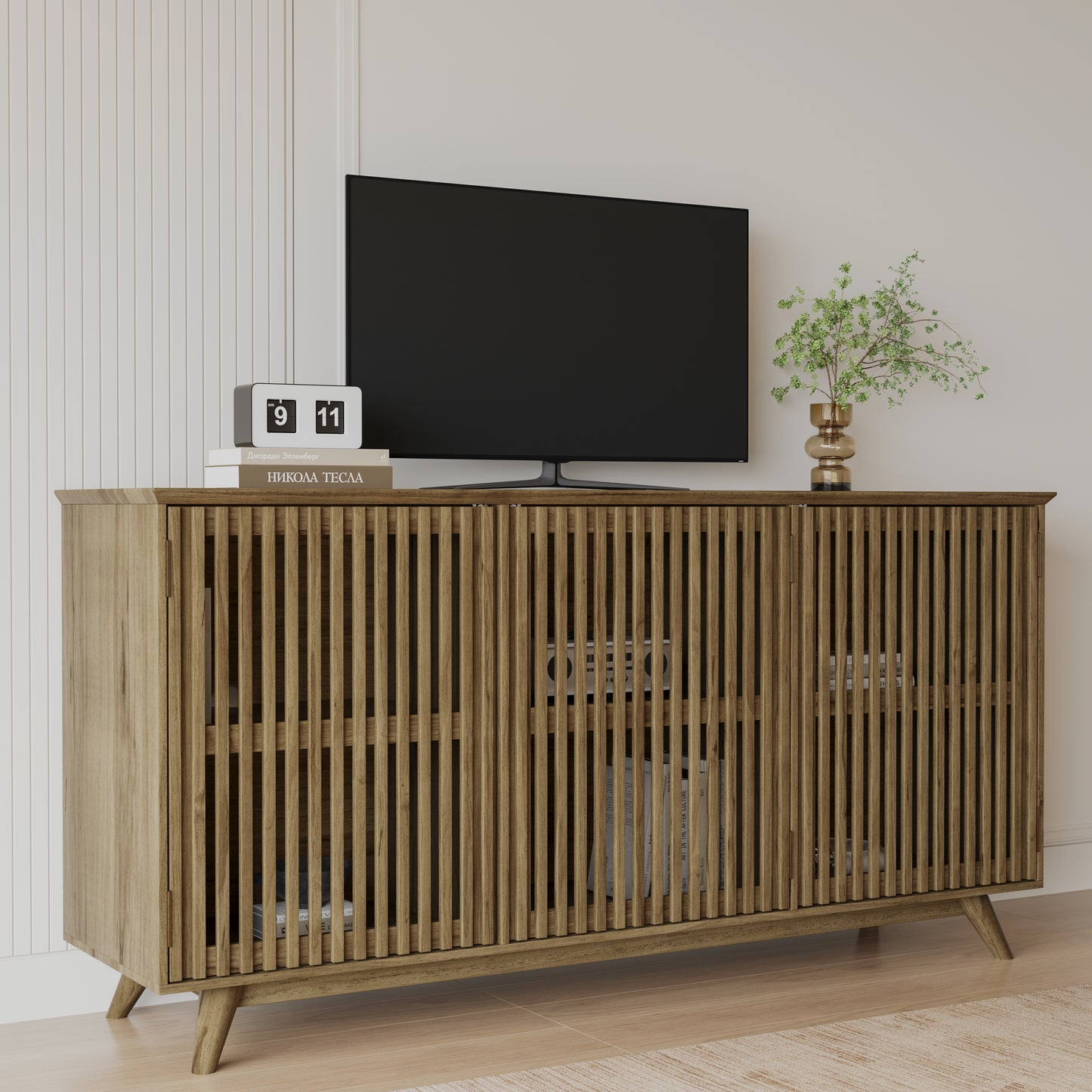 58.86" Solid Knot-Free Pine Wood TV Stand, Mid-Century Modern Storage Cabinet with No Handle Doors and Adjustable Shelf, Entertainment Center for Living Room, Bedroom, Kitchen, Natural image 4
