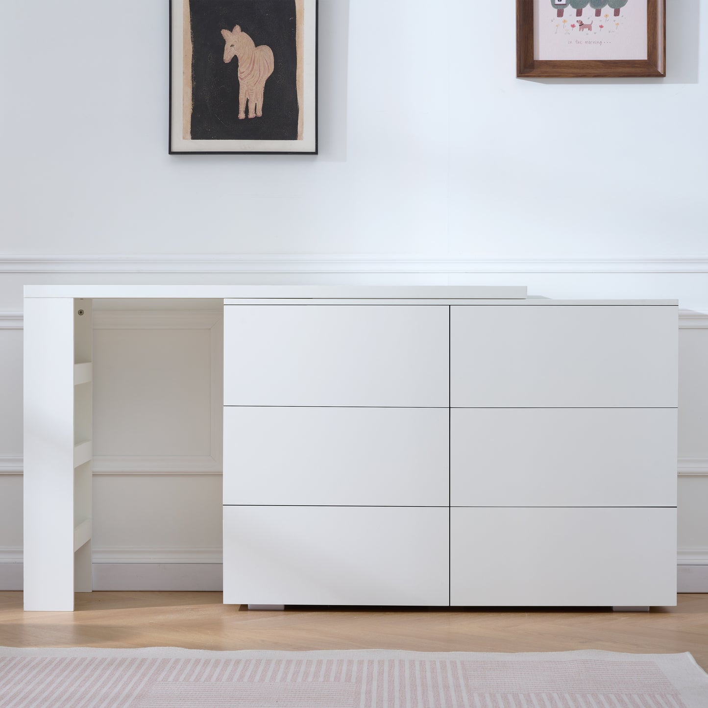 6 Drawer Vanity Dresser Combo with L-Shaped Desk,Wide Desktop & Deep Space,Wood Extendable Vanity Desk for Bedroom Dressing Room image 3