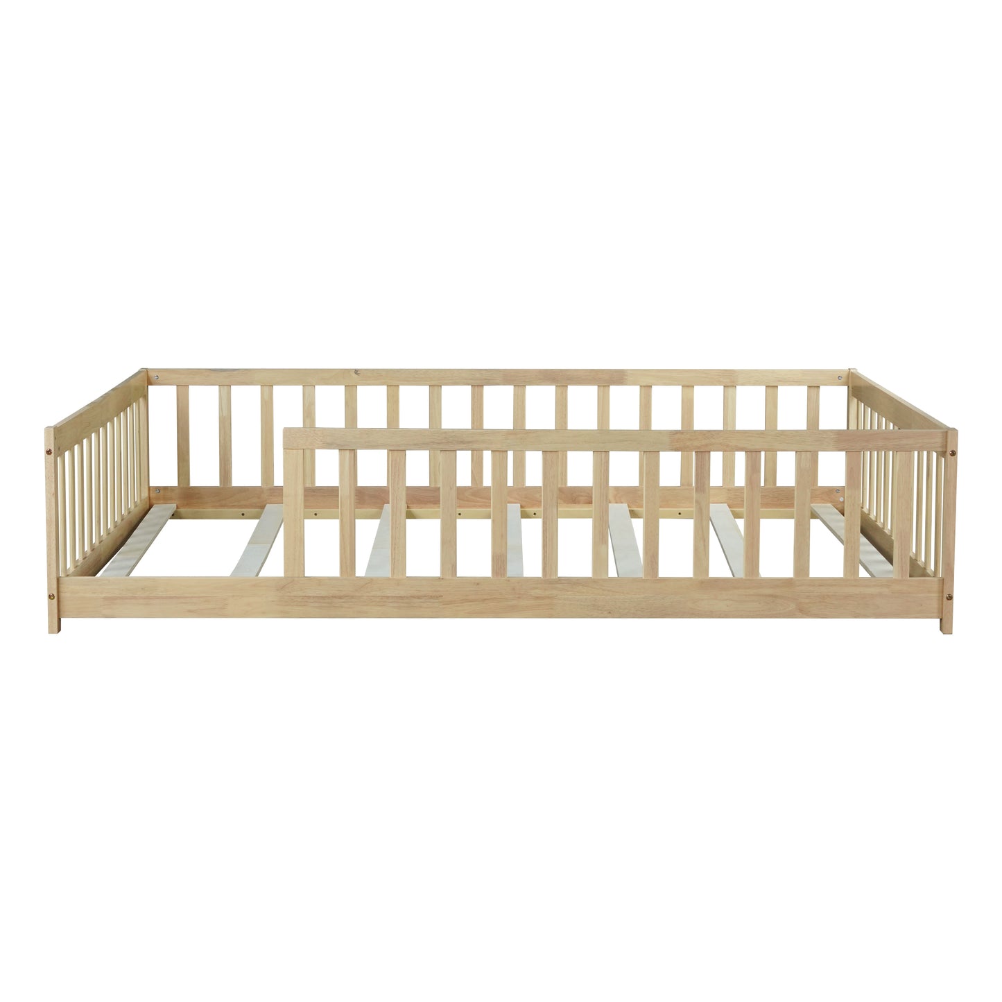 Full Size Floor Bed with Fence without Door,Rubber Wood Floor Bed with Safety Guardrails,Natural image 4