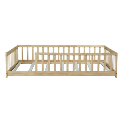 Full Size Floor Bed with Fence without Door,Rubber Wood Floor Bed with Safety Guardrails,Natural image 4