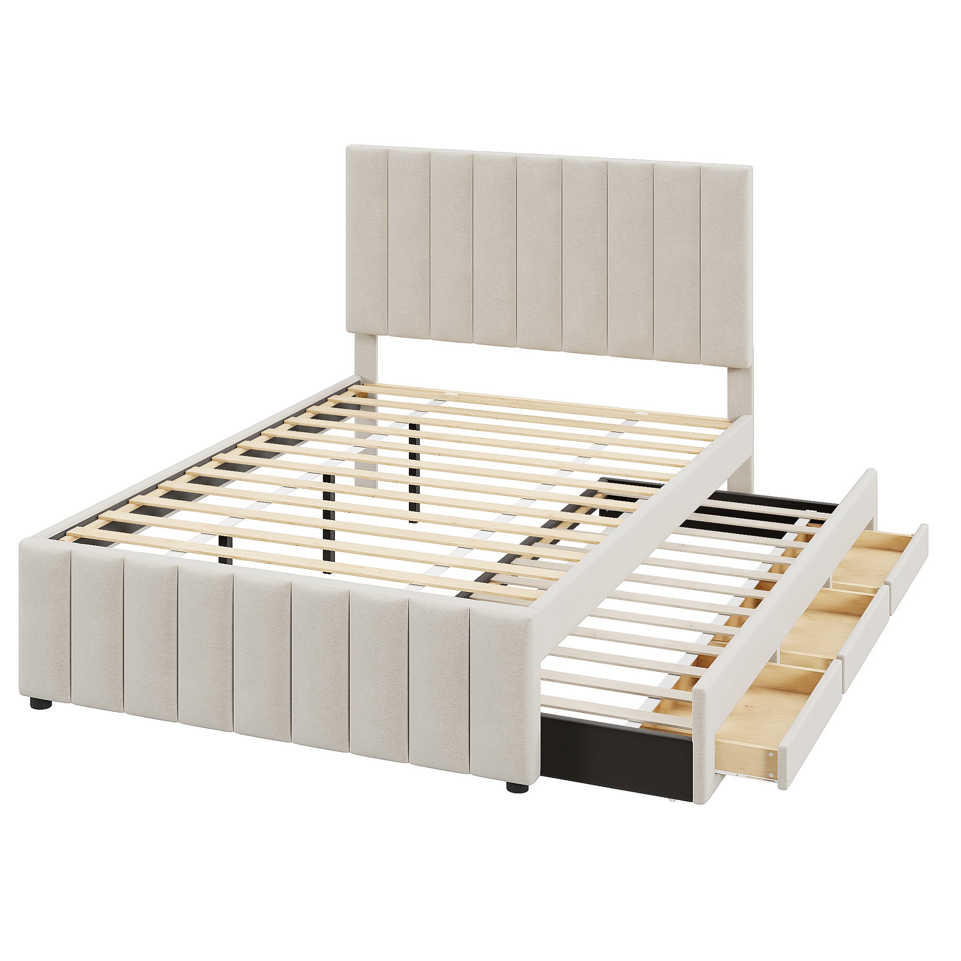 Full Size Upholstered Platform Bed with Twin Size Trundle and 3 Drawers, Linen Fabric, Beige image 4