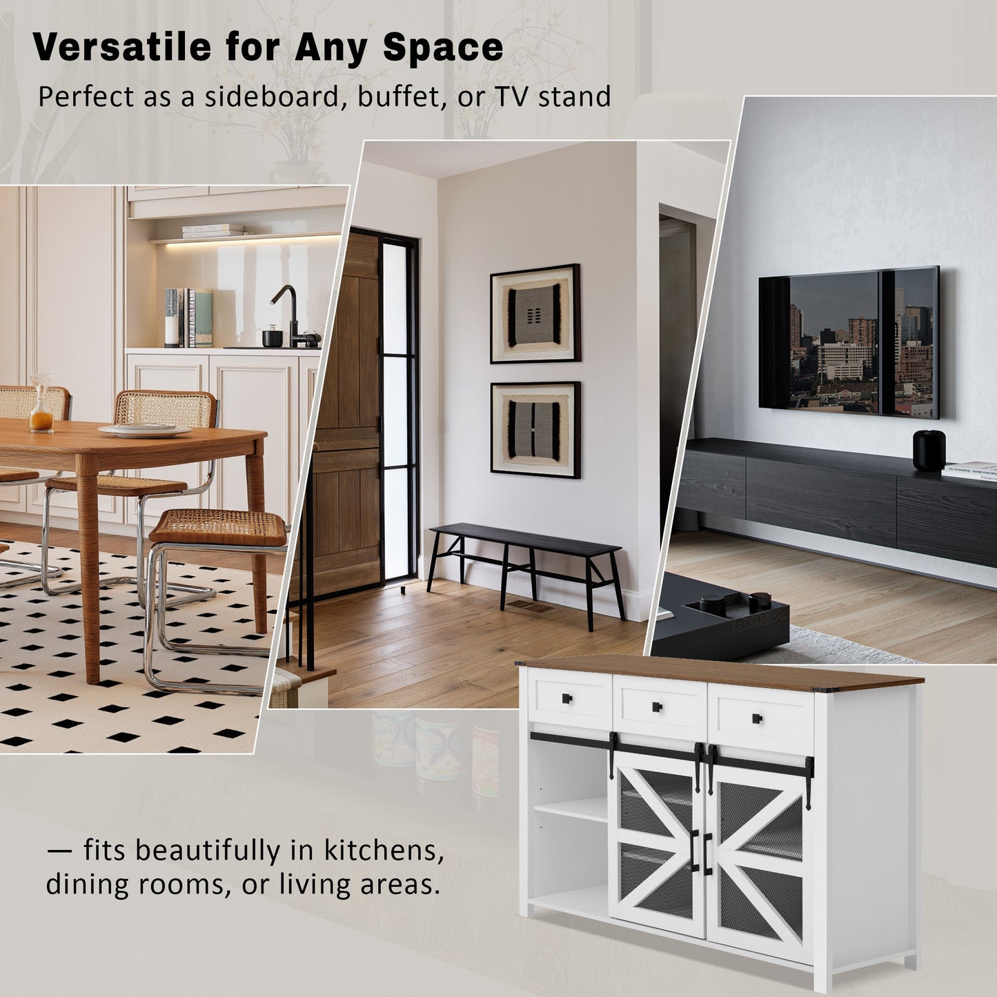 U_Style 55'' Sliding Barn Door Sideboard Buffet Cabinet with 3 Drawers, Adjustable Shelves, Metal Mesh & Particleboard Doors, Aluminum Handles, Industrial Storage for Living or Dining Room image 8