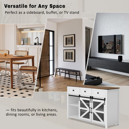 U_Style 55'' Sliding Barn Door Sideboard Buffet Cabinet with 3 Drawers, Adjustable Shelves, Metal Mesh & Particleboard Doors, Aluminum Handles, Industrial Storage for Living or Dining Room image 8