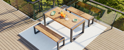 <Old SKU: FG201232AAA> GO 3-pieces Outdoor Dining Table With 2 Benches, Patio Dining Set With Unique Top Texture, Acacia Wood Top & Steel Frame, All Weather Use, For Outdoor & Indoor, Natural image 11