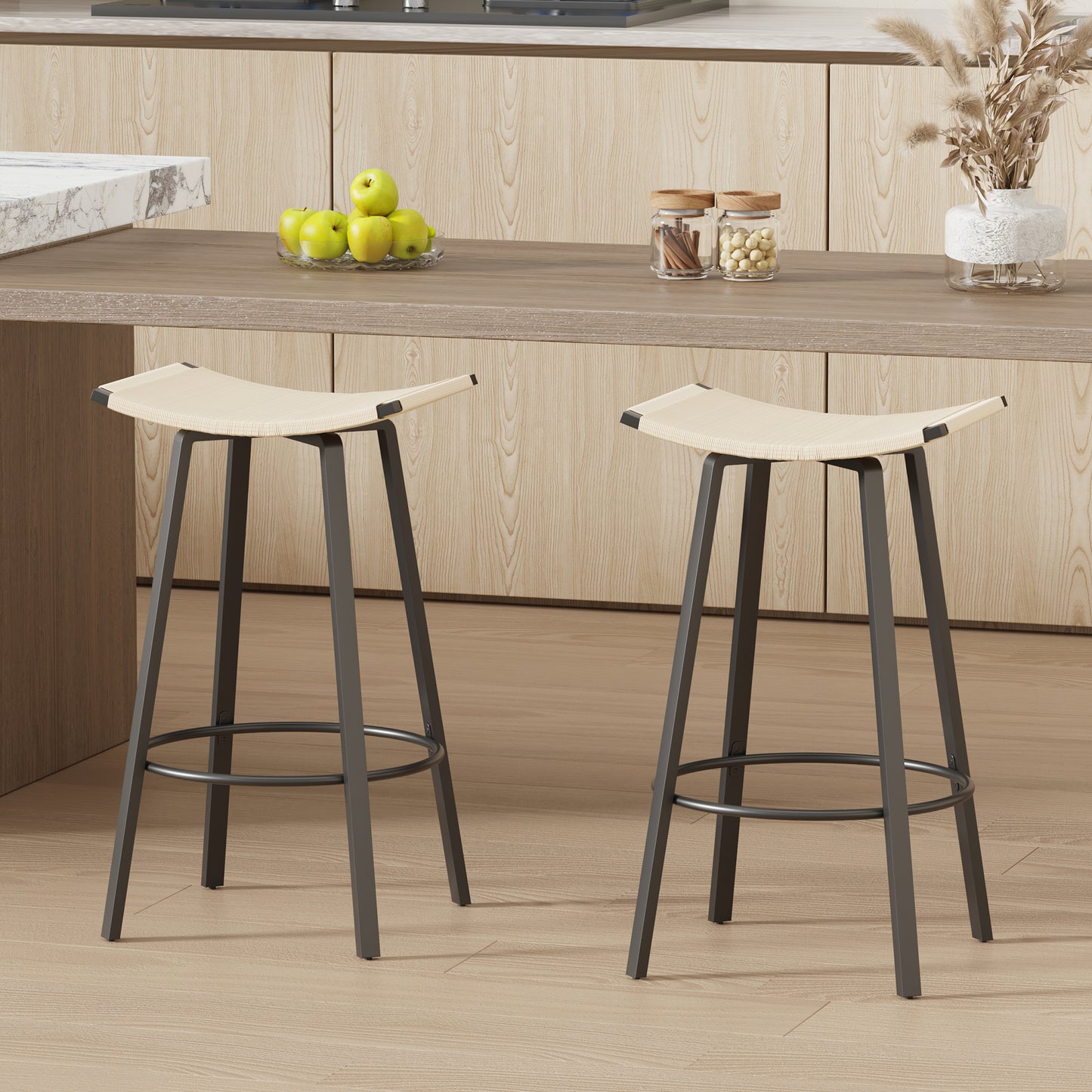 Counter Height Bar Stools Backless Handwoven Kitchen Dining Chairs with Round Footrest Set of 2 PVC Weaving Pub Stool for Indoor & Outdoor (Black & Creamy White) image 1