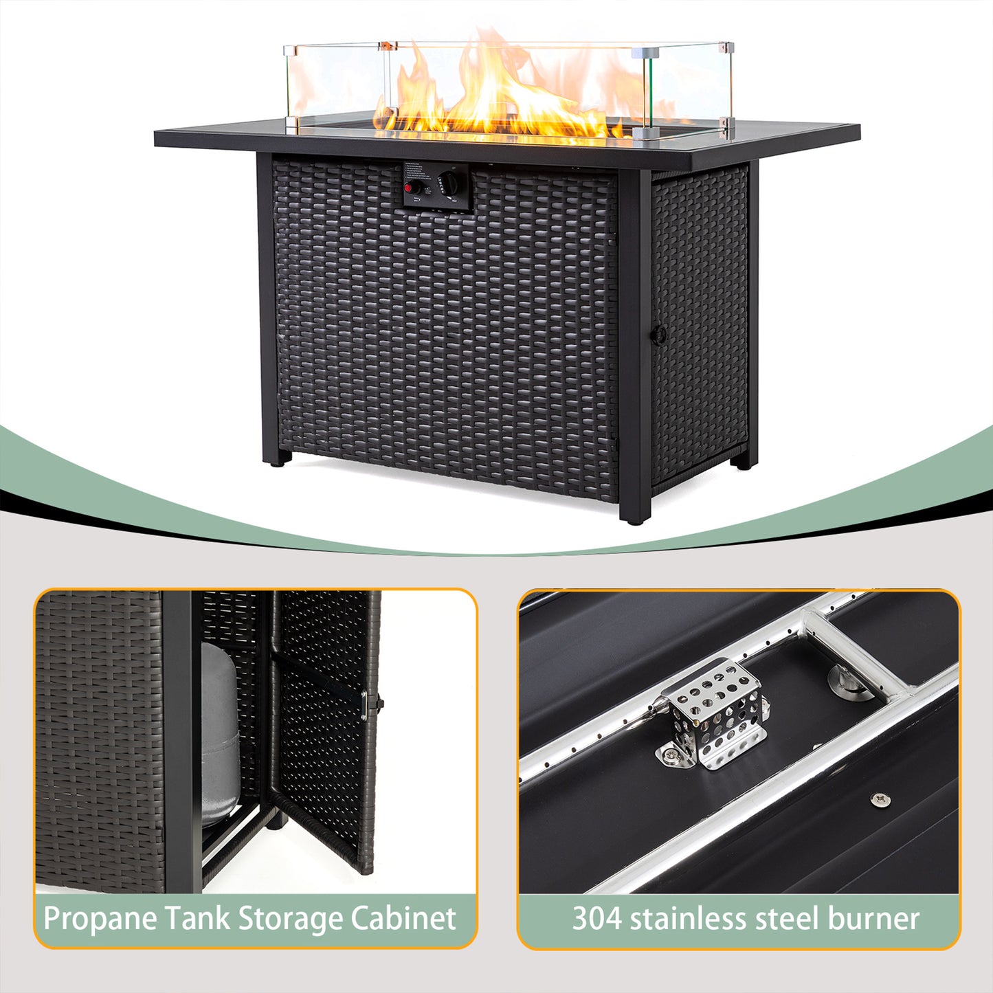 44 Inch 50000 BTU Propane Fire Pit Table, 2-in-1 Rectangular Fire Pit Outdoor Patio Heater Table with Glass Wind Guard for Backyard Garden Gathering image 4