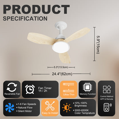 24.4" Wood Grain Ceiling Fan with Light, 3 Blades, 6-Speed Reversible Quiet DC Motor, Dimmable LED, APP & Remote Control, Flush Mount for Bedroom Living Room Farmhouse image 8