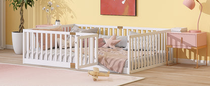Full Size Floor Bed with High Fence Railings, with Door,6 Slats Included, Rubber Wood Floor Bed with Safety Guardrails,White image 6