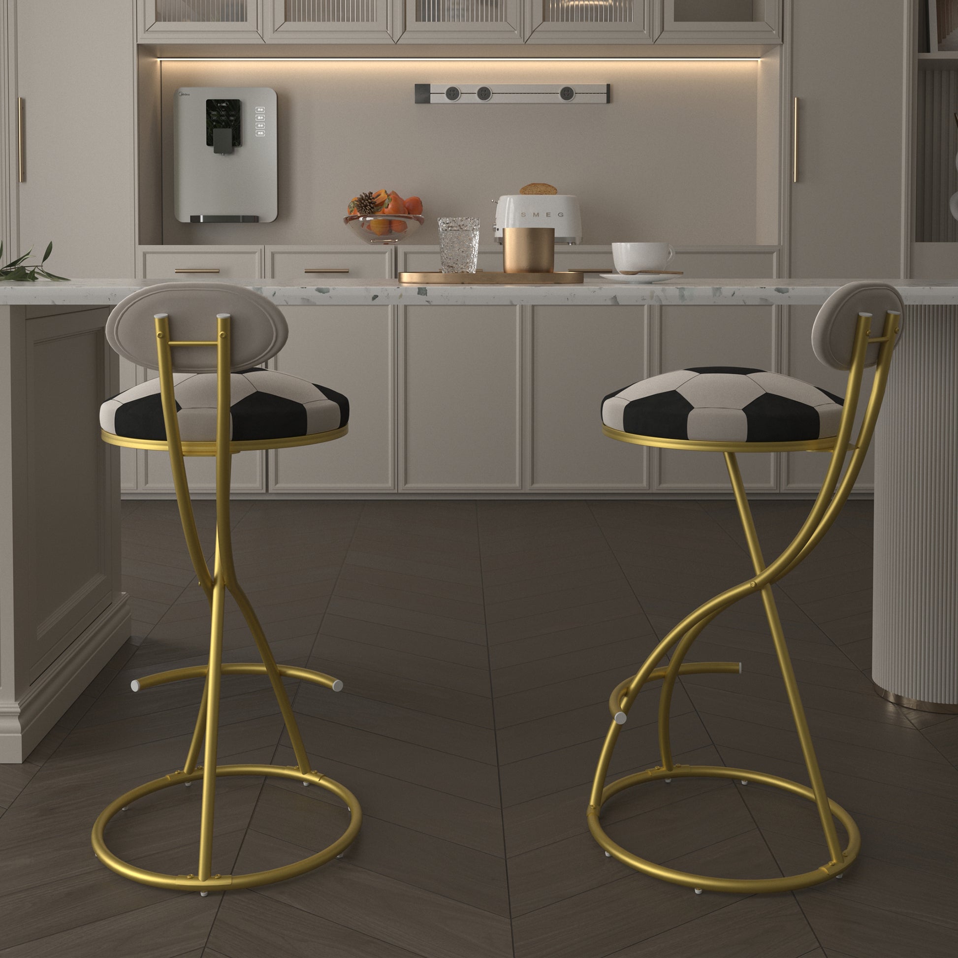 Football Print Bar Stools Set of 2 Upholstered Counter Height Barstool for Kitchen Island S-shaped Velvet Metal Dining Chairs (Gold Frame & Creamy White Back) image 8