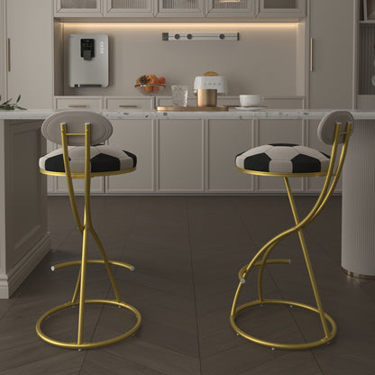 Football Print Bar Stools Set of 2 Upholstered Counter Height Barstool for Kitchen Island S-shaped Velvet Metal Dining Chairs (Gold Frame & Creamy White Back) image 8