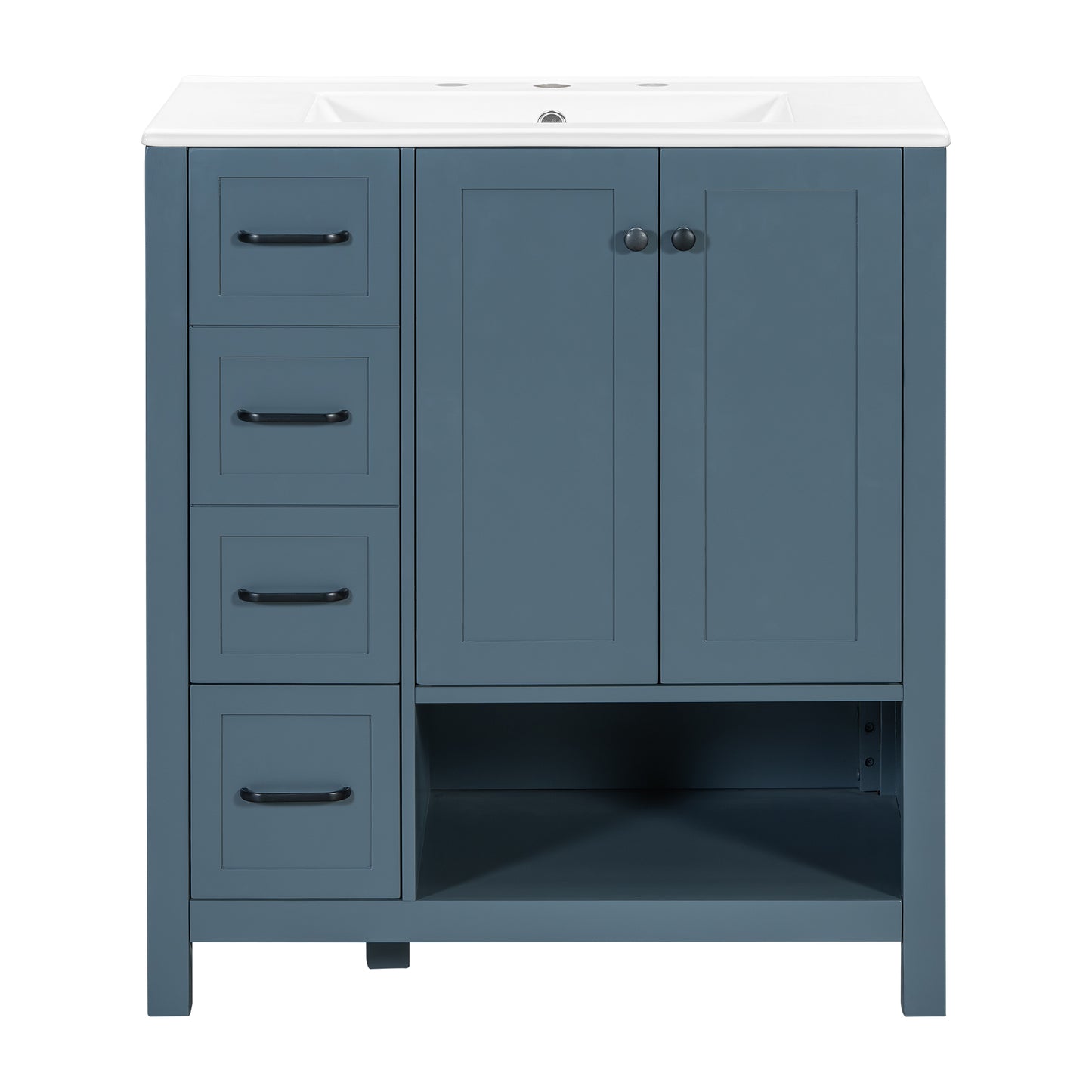 30" Bathroom Vanity with Sink Top, Bathroom Vanity Cabinet with Two Doors and Two Drawers, Solid Wood, Open shelf, MDF Boards, One Package, Blue Gray image 12