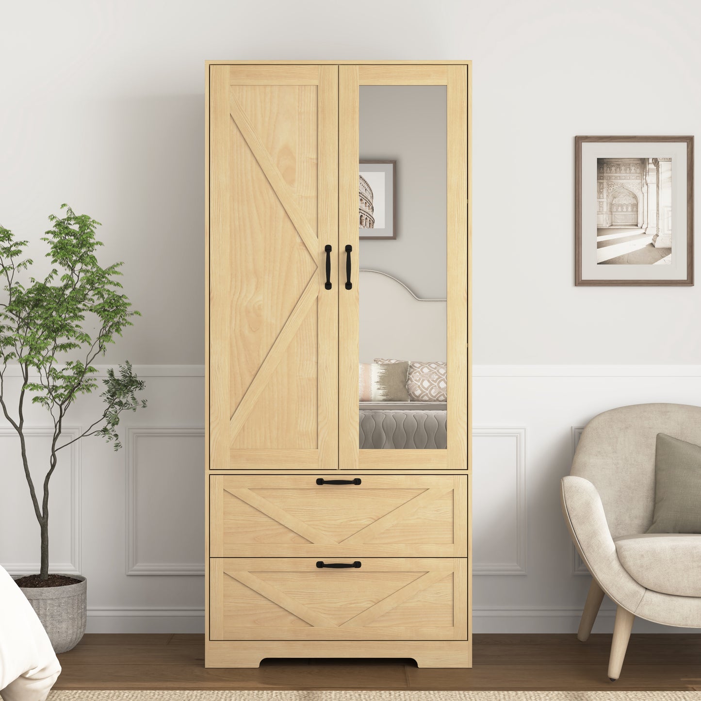 2 Door Wood Wardrobe for Bedroom with Hanging Clothing Rod inside the Cabinet and 2 Drawers for Storage Organization, Built-in induction light Multifunctional Closet with Mirror, Natural image 5
