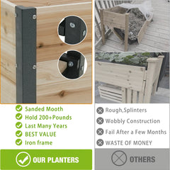 New style:     45"  Iron-wood combined growing beds with feet and storage racks. Suitable for various places such as gardens, backyards, terraces, balconies, etc.