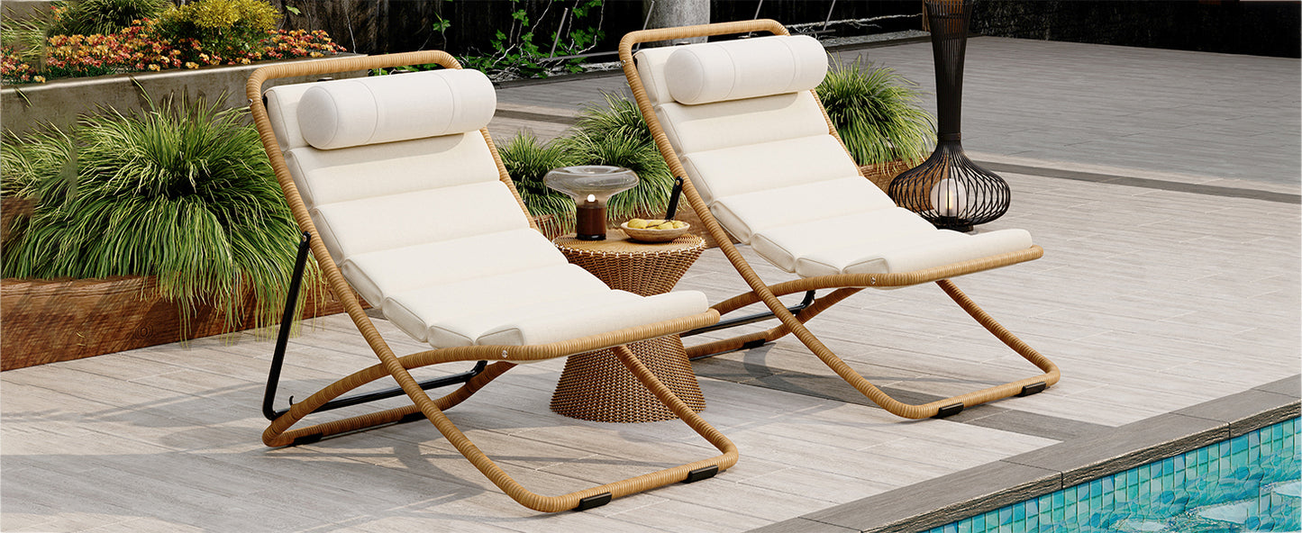 TREXM 2-Pieces Outdoor Folding Chair, Rattan-Wrapped Patio Chair with Adjustable Backrest, Thick Cushion, and Detachable Headrest,for the Poolside, Beach, Backyard, Decck, and Camping (Yellow) image 4