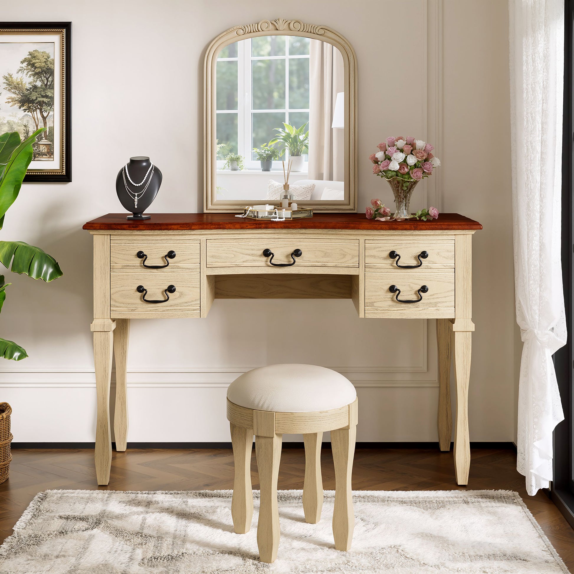 46" Vintage Makeup Vanity with Curved Flower Frame Mirror, Elegant Dressing Table with 5 Drawers and Leather Stool, Vanity Desk with Solid Wood Legs and Antique Handles for Bedroom image 2