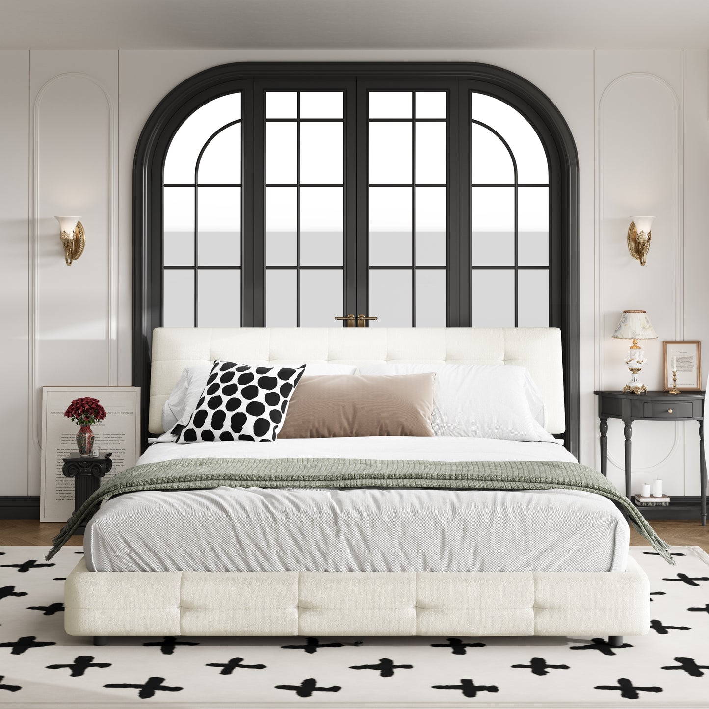 King Size Bed Frame,Tufted Headboard with Extra-Large Ultra-Soft Cloud Pillow Design,Chenille Platform Bed with Metal and Wooden Slats Double Support,Solid and Stable,Noise-Free,Beige/White image 3