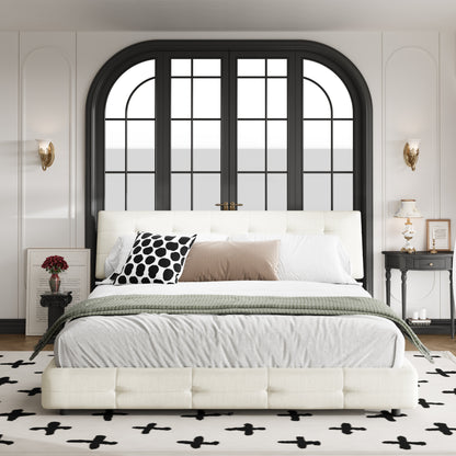 King Size Bed Frame,Tufted Headboard with Extra-Large Ultra-Soft Cloud Pillow Design,Chenille Platform Bed with Metal and Wooden Slats Double Support,Solid and Stable,Noise-Free,Beige/White image 3