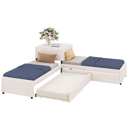 L-shaped Upholstered Platform Bed with Trundle and Two Drawers Linked with built-in Desk,Twin,Beige image 6