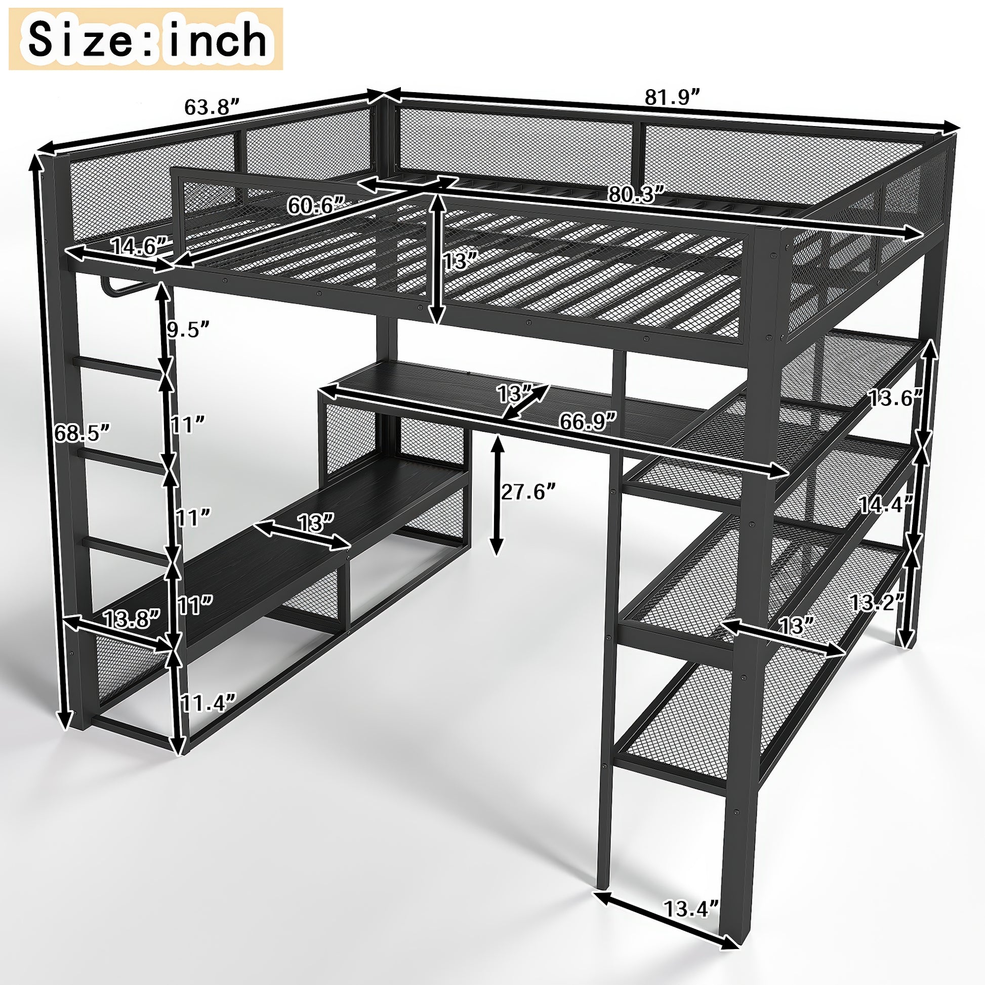Queen Size Loft Bed with Storage Shelves, Metal Loft Bed with Clothes Hanging Rod and Desk, No Box Spring Needed Design, Black image 6