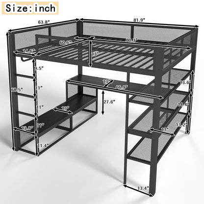 Queen Size Loft Bed with Storage Shelves, Metal Loft Bed with Clothes Hanging Rod and Desk, No Box Spring Needed Design, Black image 6