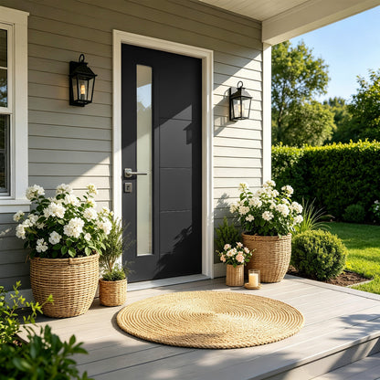 36"x80" Fiberglass Front Door with White 4-9/16" PVC Frame,Right-Hand Inswing Exterior Door with Brickmould,Contemporary minimalist brushed skin & Grooved line with frosted glass for Home Entrance, Bl image 1
