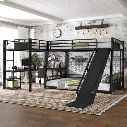 L-Shaped Metal Bunk Bed (Top bed:Full/FullXL, bottom bed: Queen) with Twin XL Loft Bed, Desk, and Storage Shelves,USB Charging Port Included - Metal Triple Bunk Bed with Slide,Black image 3