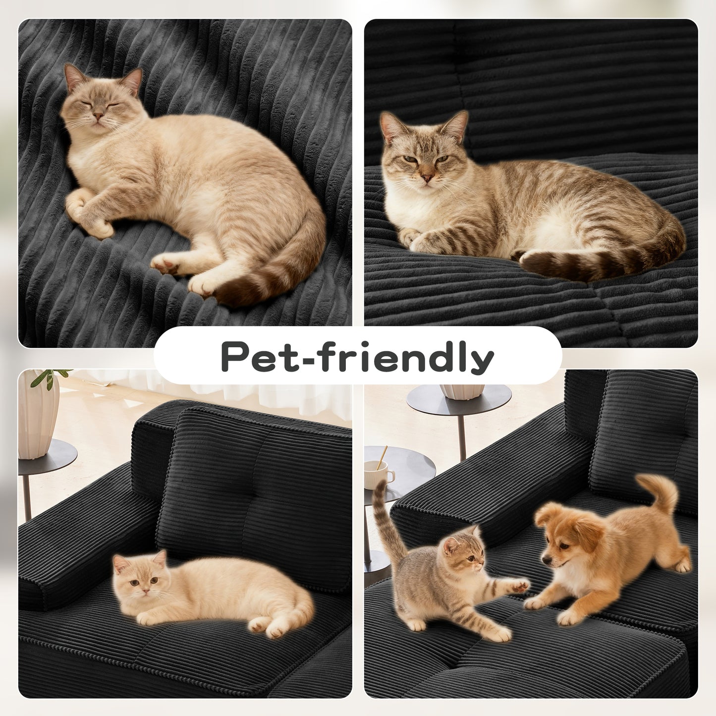 117" Modern Modular Sectional Sofa for Living Room, Corduroy Fabric,Oversized 3-Seater Couch with Deep Seat, Pearl-like piping, Tufted Design,Buckle connection,No Assembly,Anti-slip Design,Black image 8