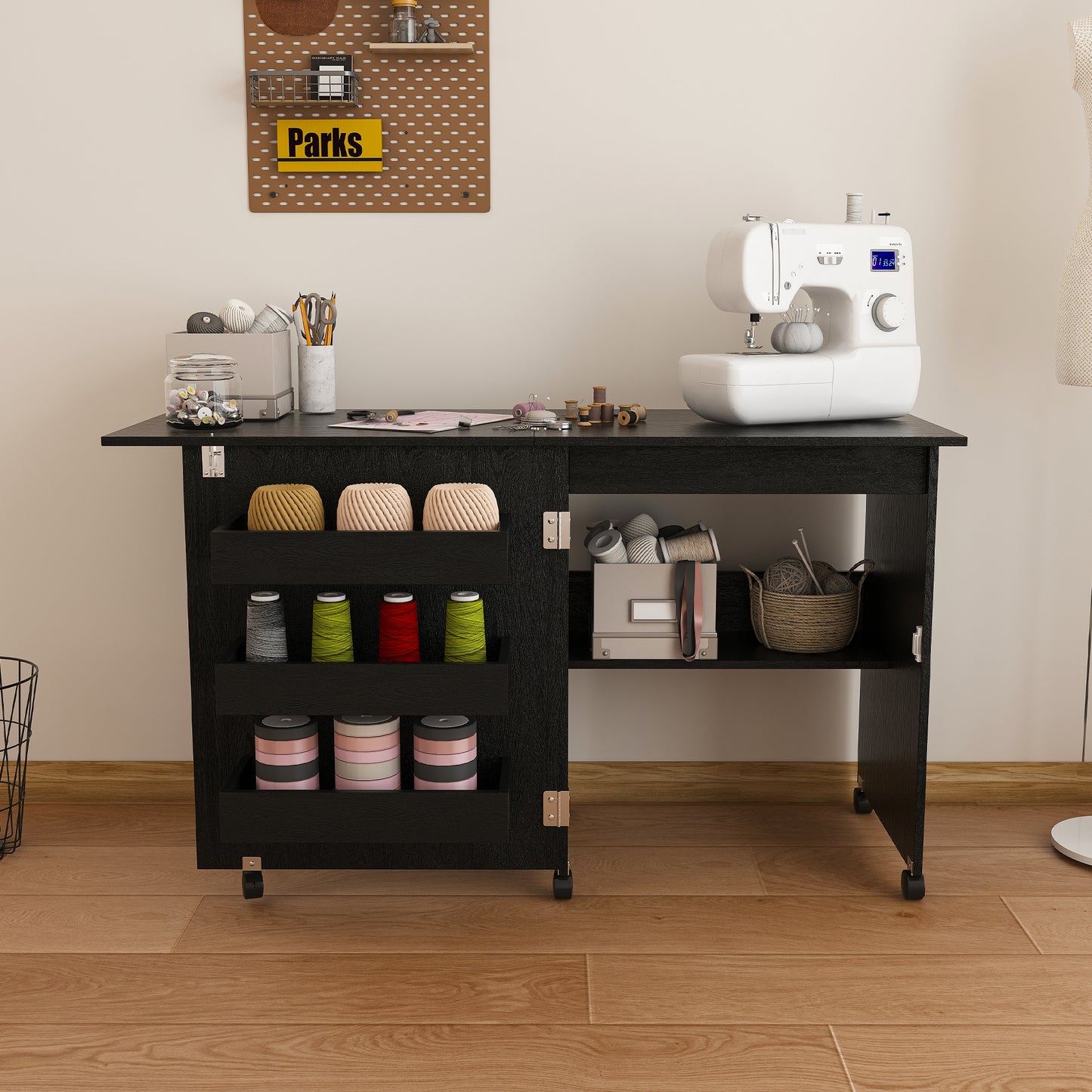Black 45.67'' 4-in-1 Folding Sewing Table with Lockable Wheels – Multi-Functional Craft Station, End Table, Computer Desk & Kitchen Storage with Shelves, Rolling Sewing Machine Table for Apartments image 1