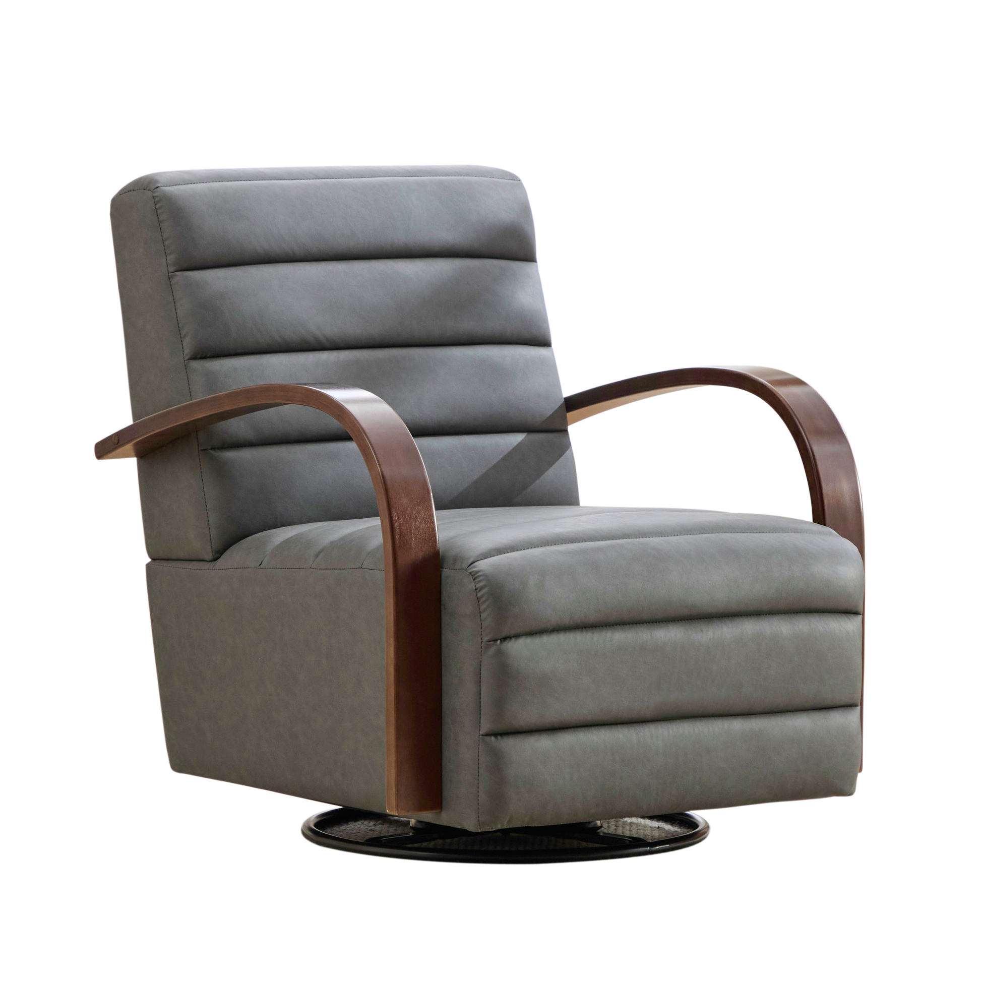 30.7"W Modern Upholstered 360° Swivel Accent Chair with Solid Wood Armrests and Comfy Channel Tufted Lounge Reading Chair, Single Sofa Armchair for Hotel Bedroom Living Room Office and Bedroom. Gray image 4