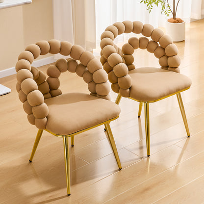 Set of 2 Modern Velvet Dining Chair with Bubble Back, Accent Chair with Gold Metal Legs, Upholstered Vanity Chair for Dining Room, Living Room, Bedroom, Brown & Gold image 2