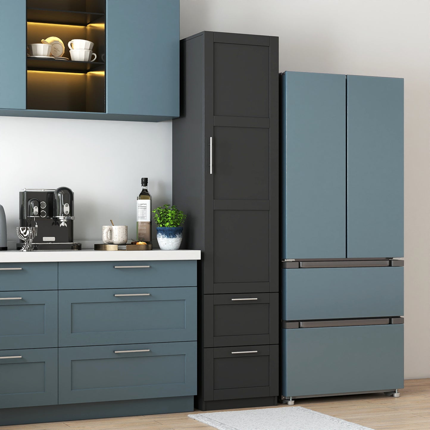 Standard kitchen Pantry,Tall Cabinet,Freestanding Cabinet with one door and two drawers for Kitchen, Dining Room, BLACK image 2
