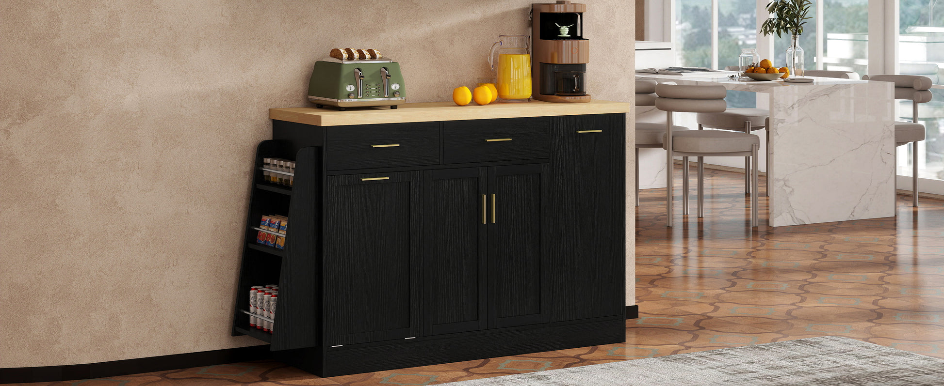 TREXM Multi-Functional Storage Sideboard, Trash Can Storage, Sliding Door Cabinet & 3-Tier Spice Rack,Kitchen Island Table for Kitchen, Dining Room (Black) image 7