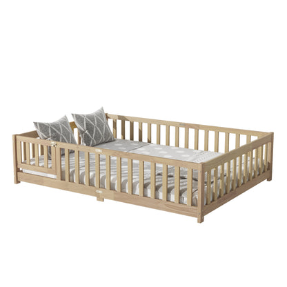 Full Size Floor Bed with Fence and Door,Rubber Wood Floor Bed with Safety Guardrails,Natural (Old Sku W504P286380) image 8