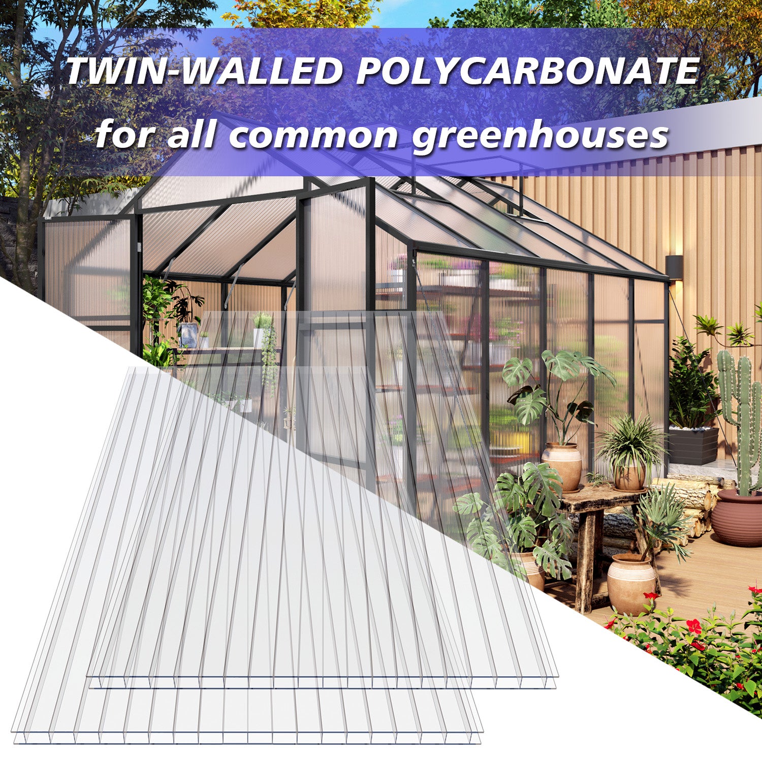 5 x 2FT Twin-Wall Polycarbonate Greenhouse Panels (6 Pack) High Light Transmission & All-Weather Insulated Sheets,Shatter-Resistant Replacement for Glass Roofing,Balcony Divider,Greenhouse image 8