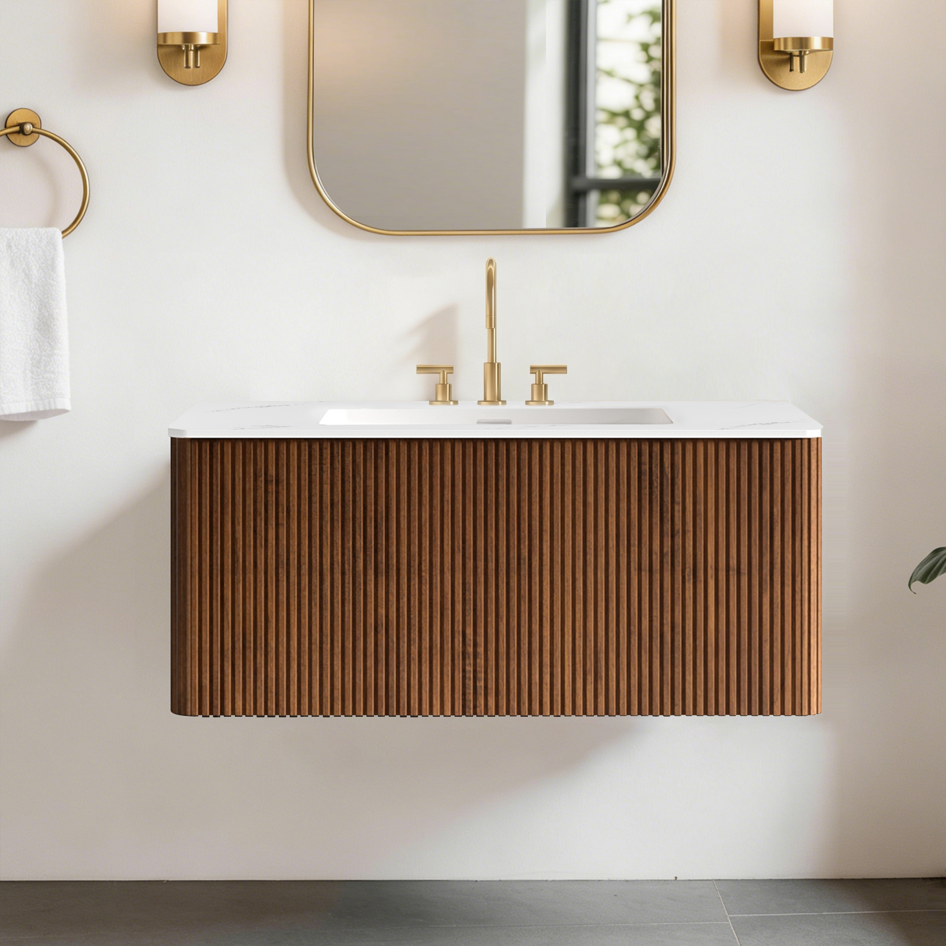 Etna 36" Striped Walnut Bathroom Vanity with Carrara White Ceramic Sink, Wall Mounted Floating Bathroom Vanity for Modern Bathroom, KD image 1