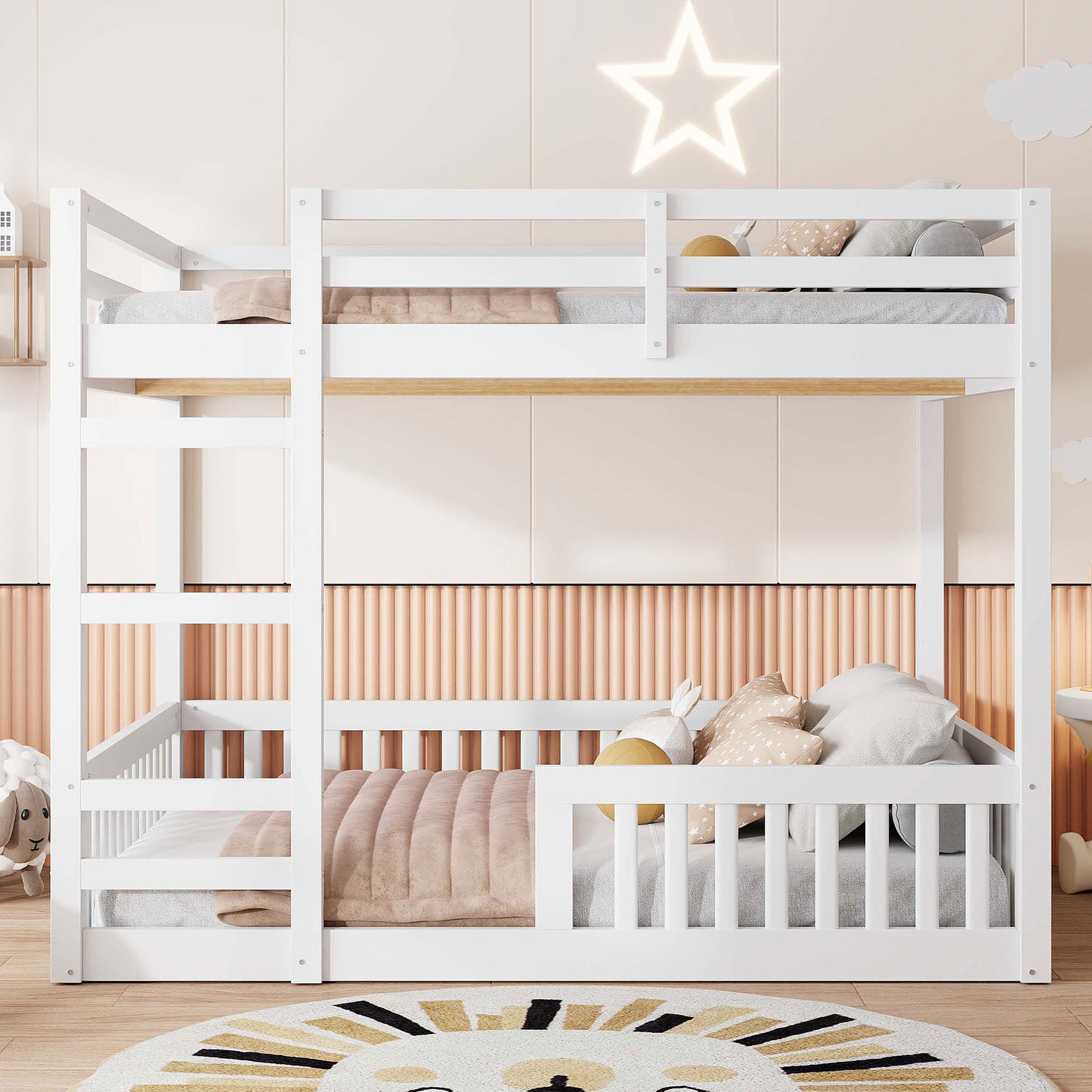 Full over Full Wood Bunk Bed with Ladder and Guardrails, White image 2