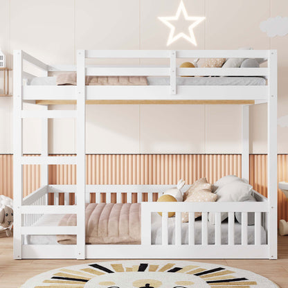 Full over Full Wood Bunk Bed with Ladder and Guardrails, White image 2